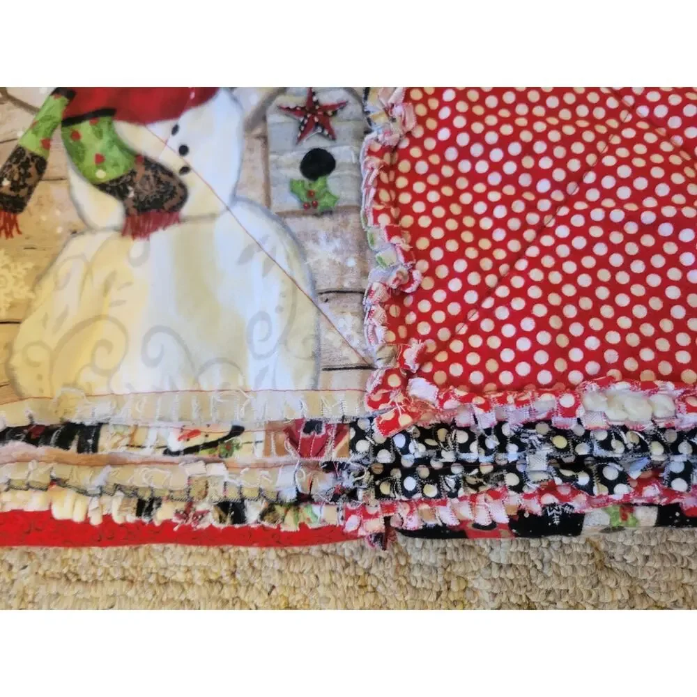 Handmade Snowman Rag Quilt Throw Farmhouse Christmas Holiday Blanket 43 x 48 in‎